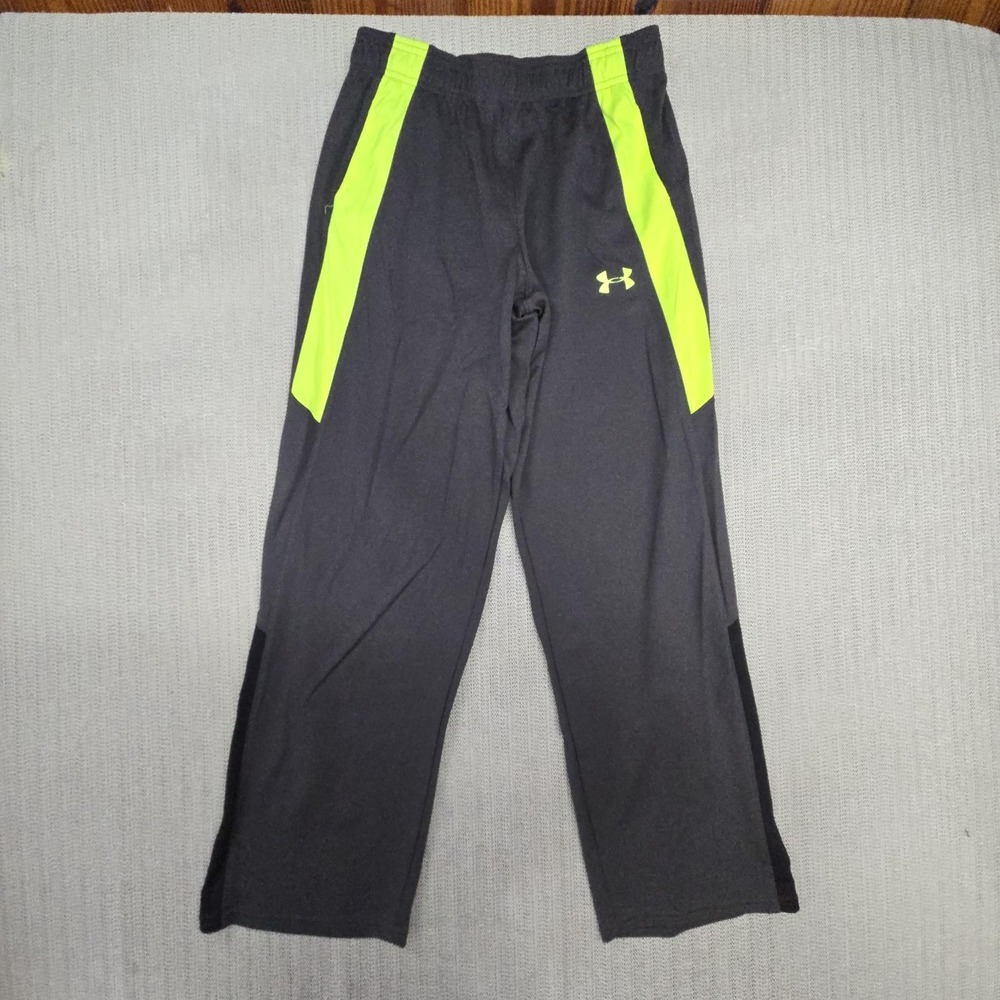 Under Armour Track Pants Boys XL 18-20 Gray Neon Yellow Colorblock Mesh Athletic